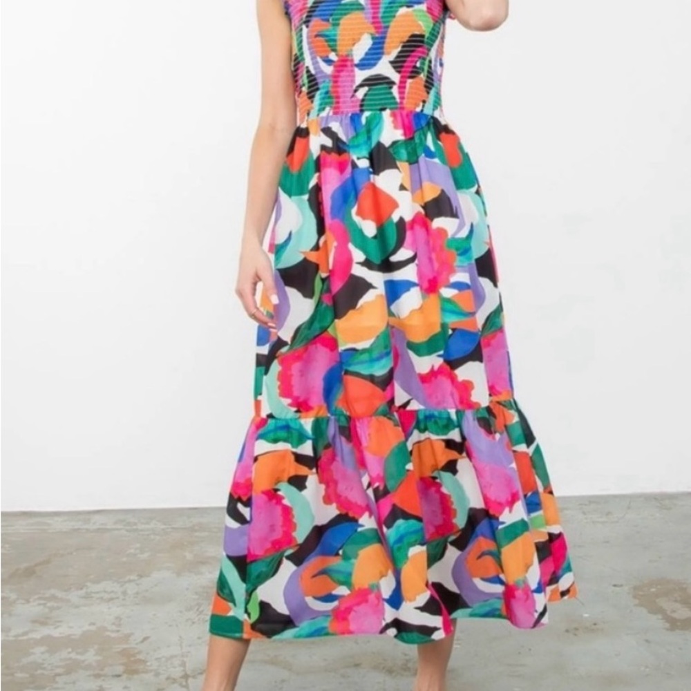 THML Pink and Black Tiered Ruffled Maxi Dress